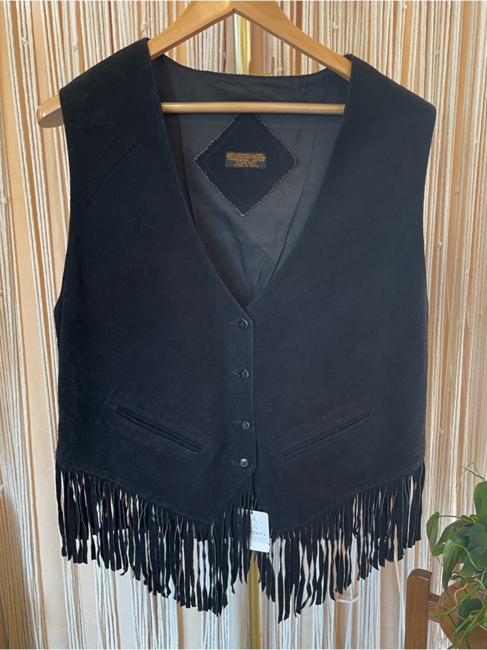 Vintage black suede leather fringe vest with cotton Mexican Dobby fabric back